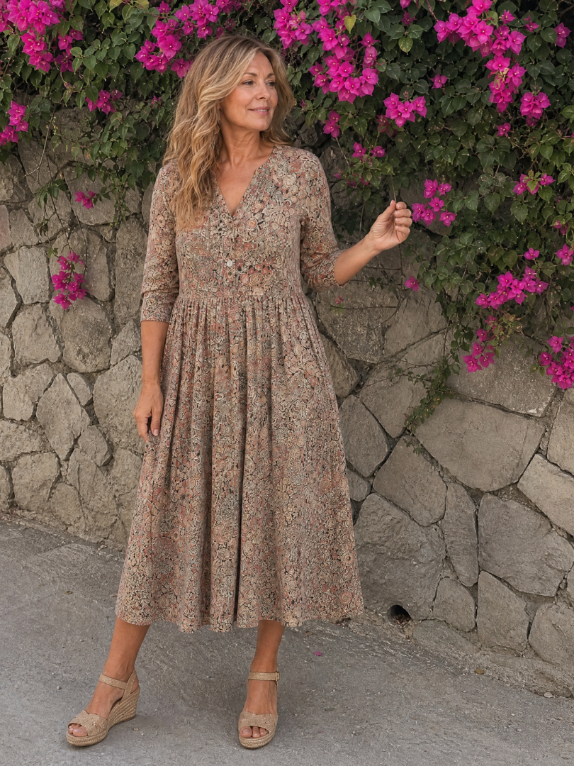 Janet | Beige Ditsy Floral Midi Dress