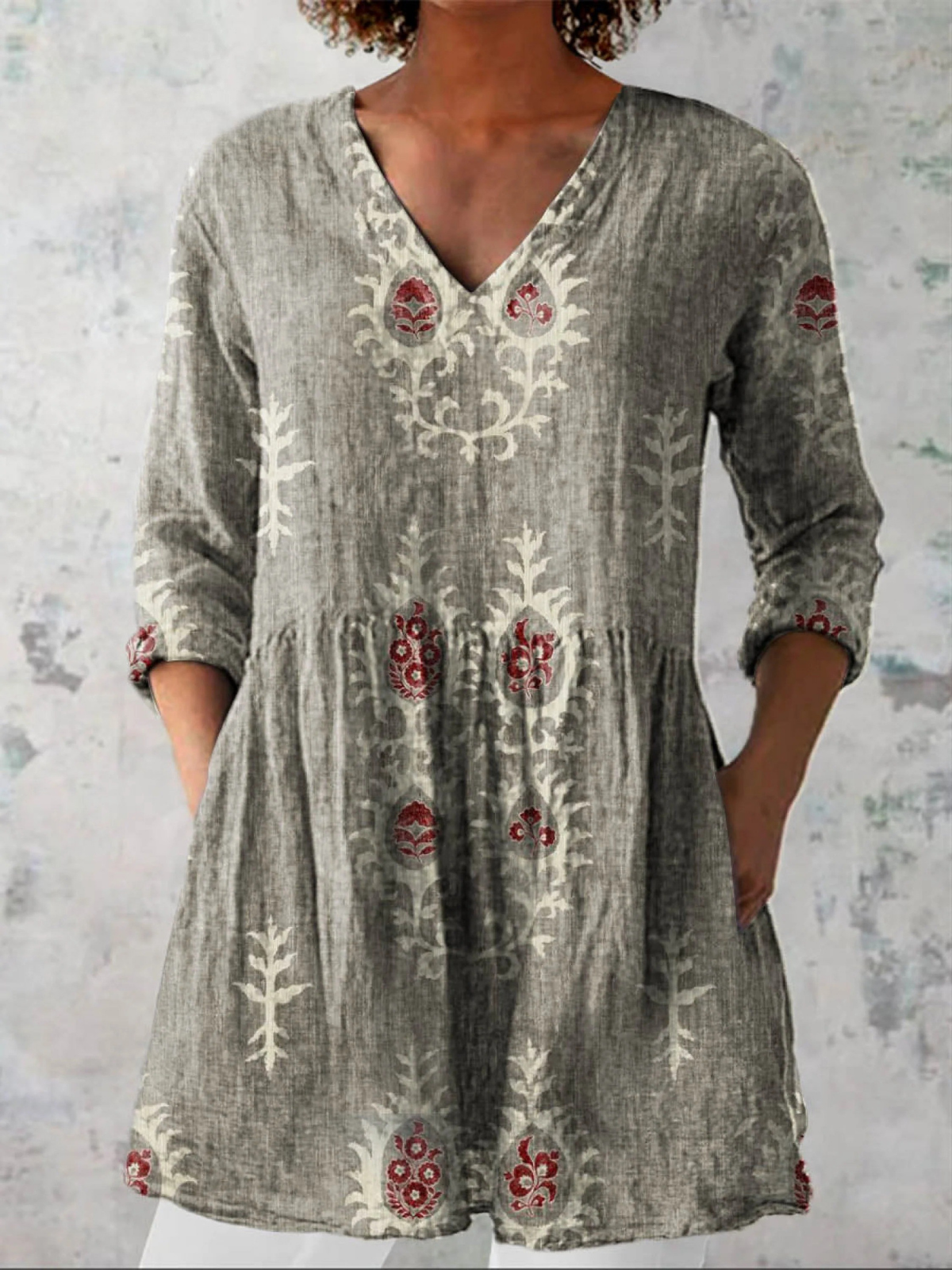 Elsie | Olive Folk Floral V-Neck Tunic Top