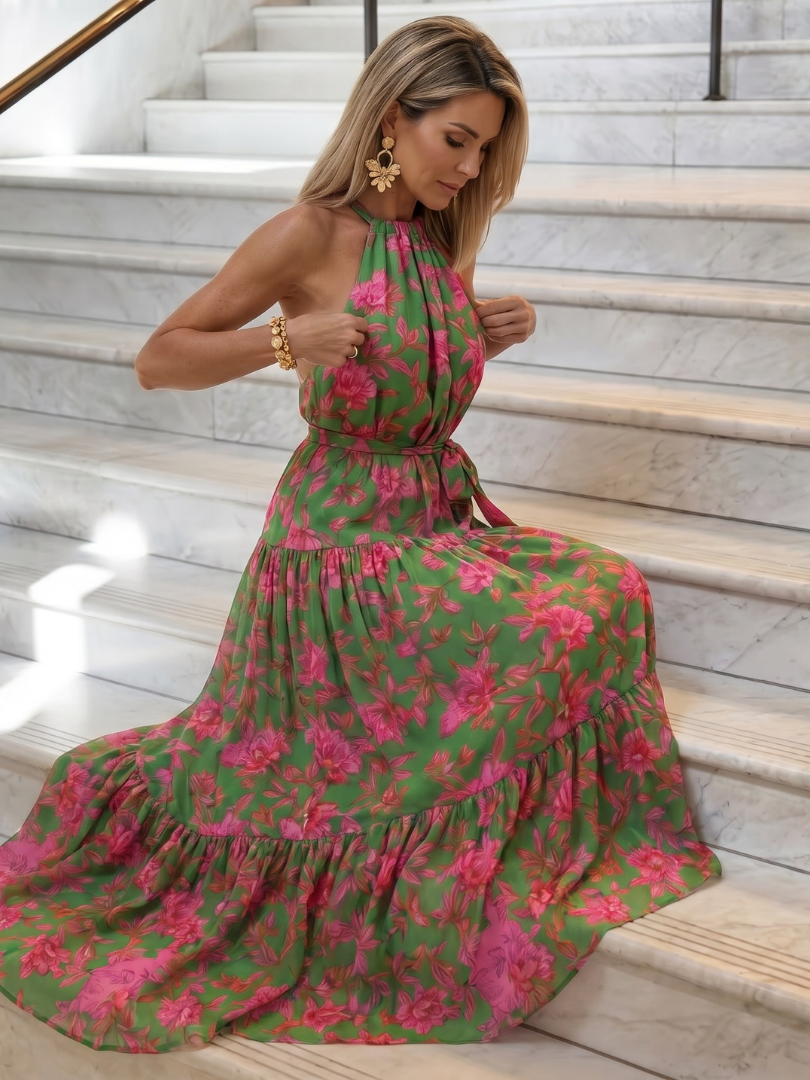 Sandra | Green & Pink Floral Print Midi Dress
