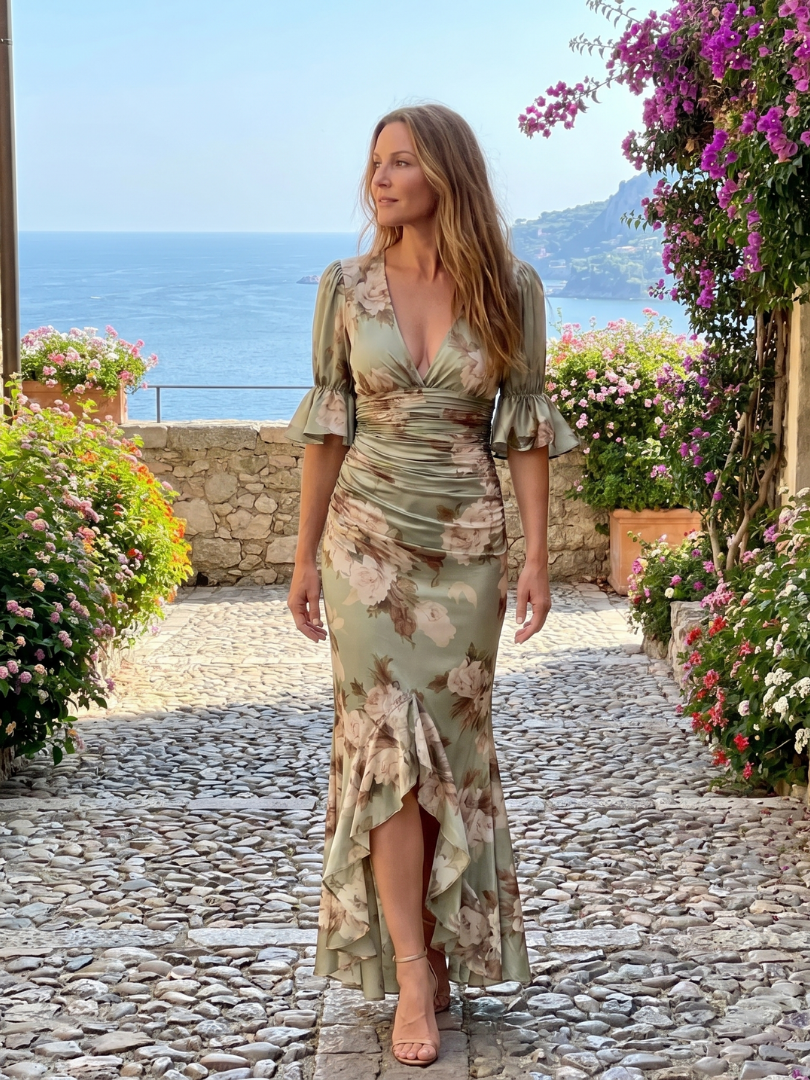 Naomi | Sage Floral Print Midi Dress