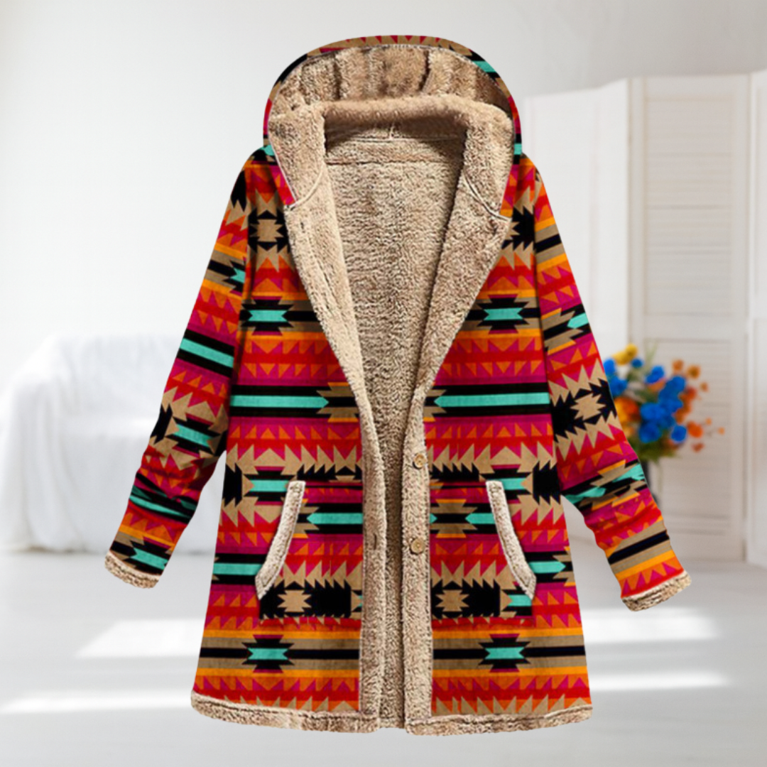 Angela | Orange Aztec Print Hooded Coat