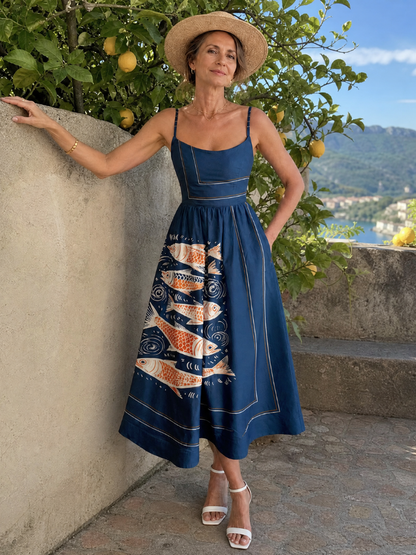 Doris | Navy Fish Print Midi Dress