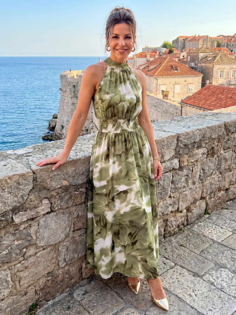 Carol | Olive Watercolour Print Midi Dress
