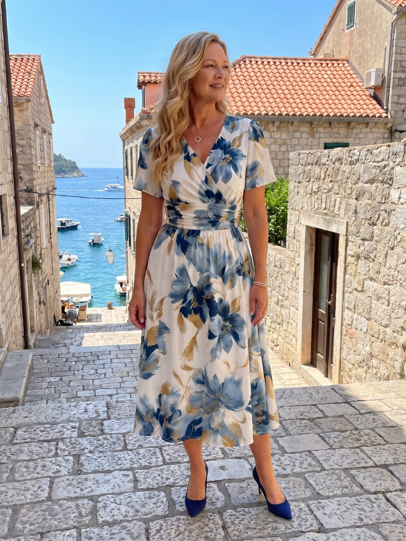 Melanie | Blue Floral Print Midi Dress
