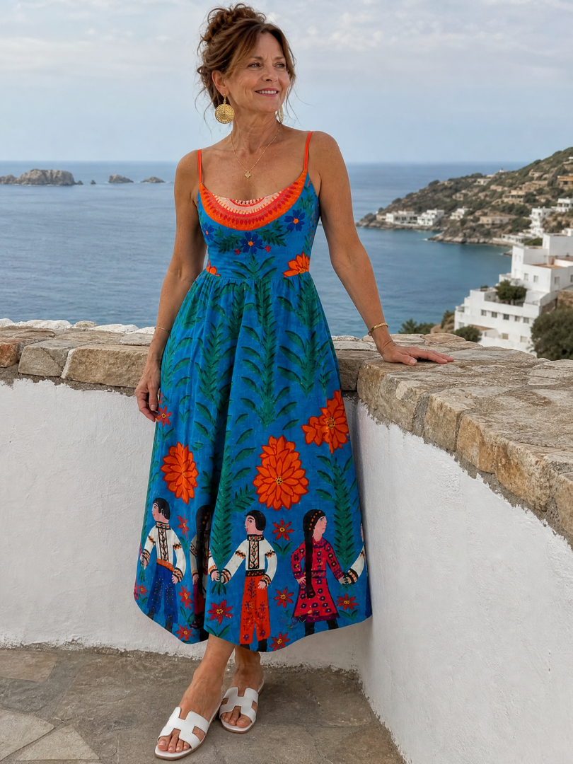 Bridget | Blue Folk Print Midi Dress