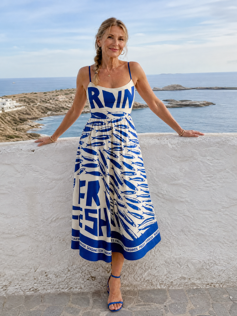 Anne | Blue Fish Print Midi Dress