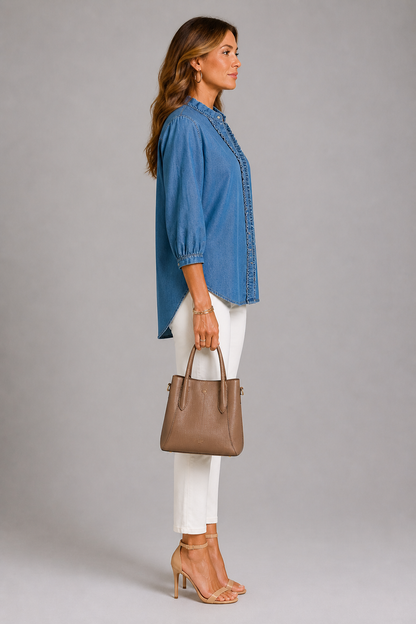 Wendy | Blue Ruffle Front Blouse
