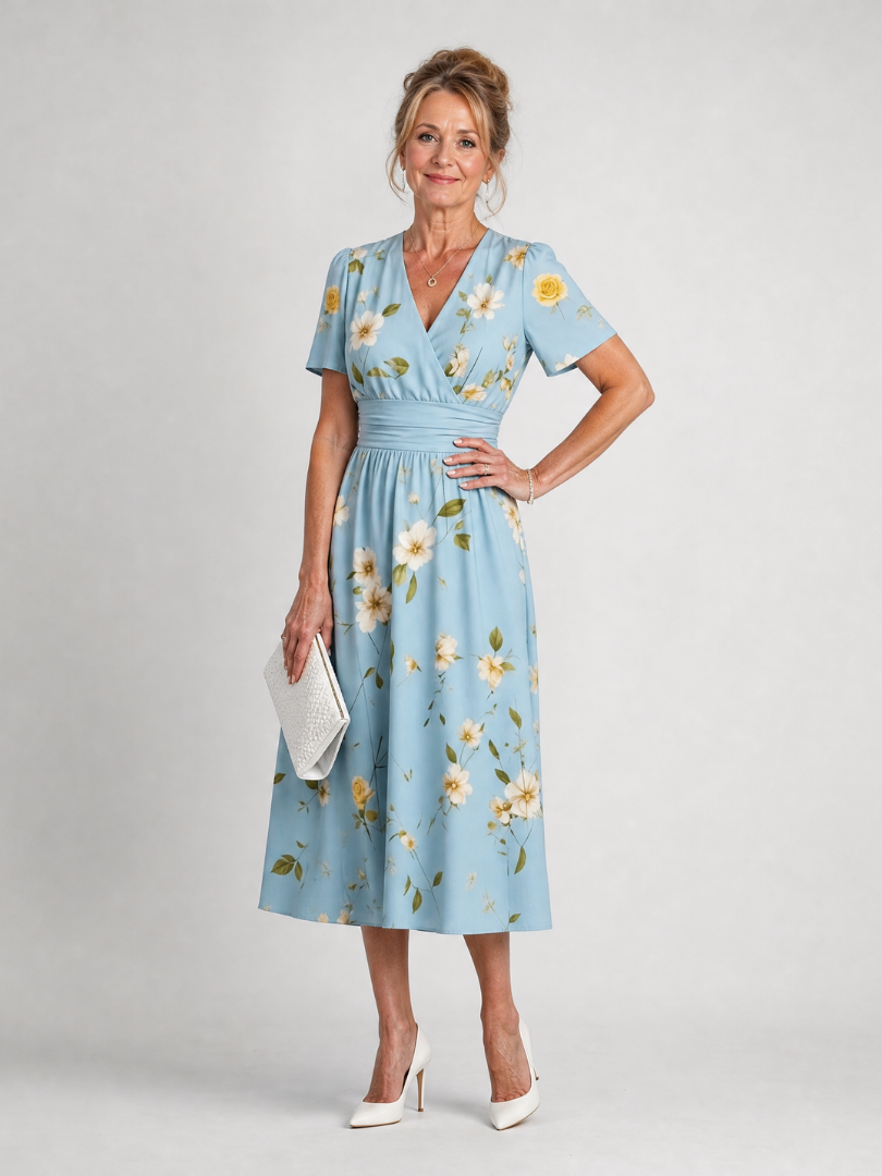 Tracey | Light Blue Floral Print Midi Dress