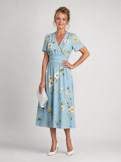Tracey | Light Blue Floral Print Midi Dress