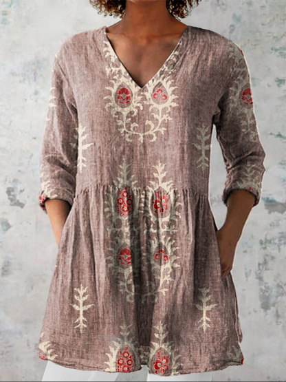 Elsie | Olive Folk Floral V-Neck Tunic Top