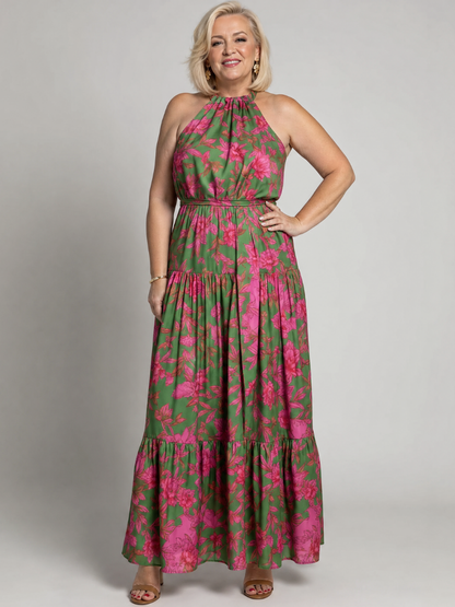 Sandra | Green & Pink Floral Print Midi Dress
