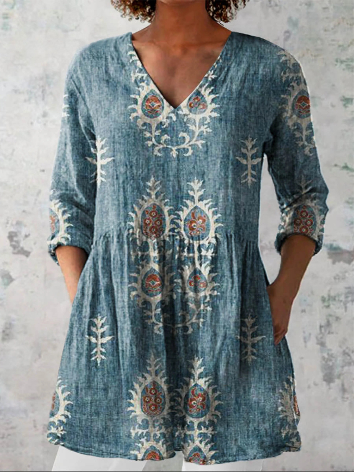Elsie | Olive Folk Floral V-Neck Tunic Top