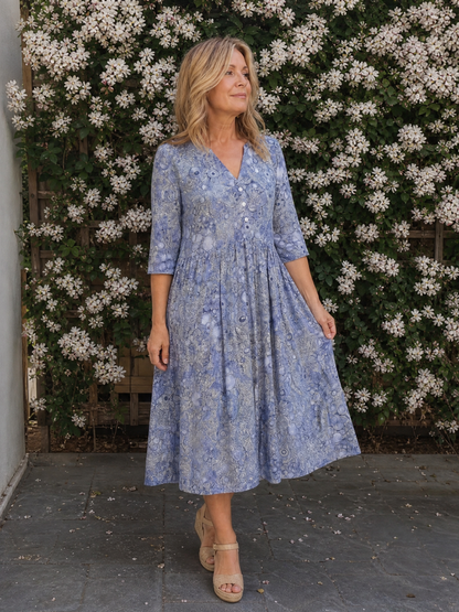 Janet | Beige Ditsy Floral Midi Dress