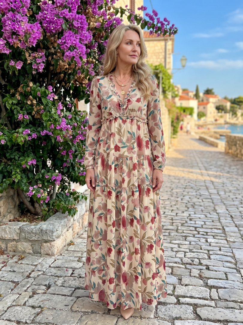 Dawn | Coral Floral Print Maxi Dress