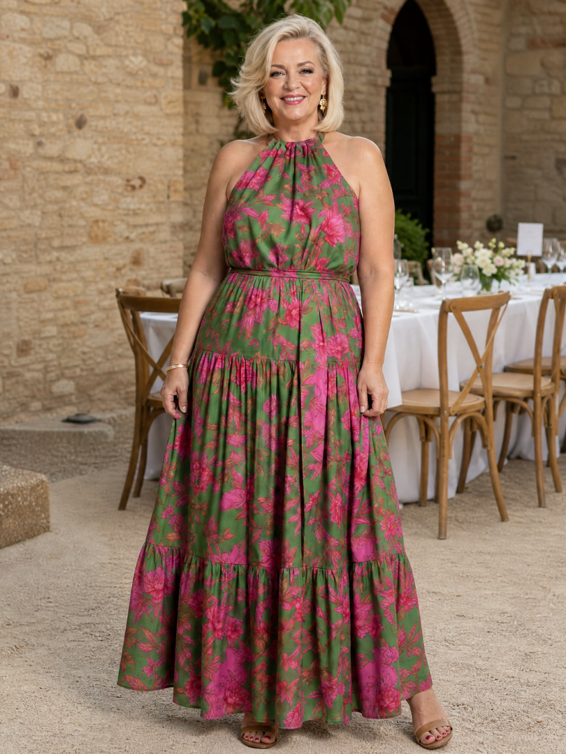 Sandra | Green & Pink Floral Print Midi Dress