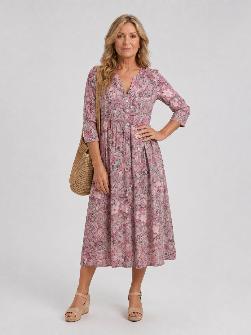 Janet | Beige Ditsy Floral Midi Dress