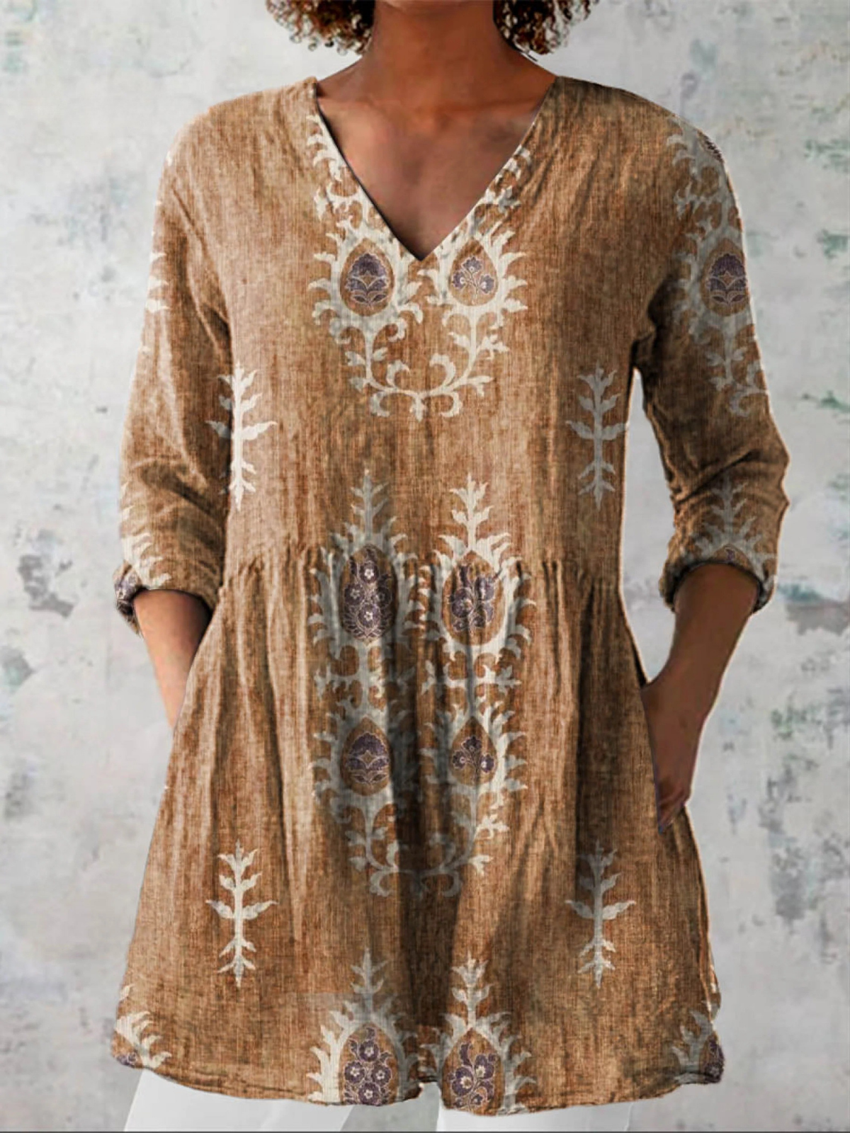 Elsie | Olive Folk Floral V-Neck Tunic Top