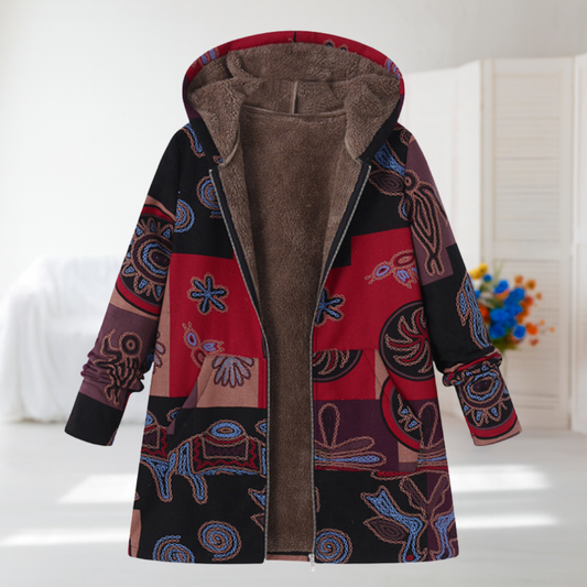 Rachel | Black & Red Abstract Hooded Coat