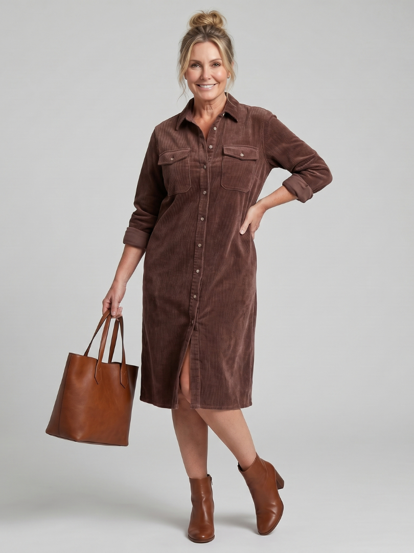 Judith | Camel Corduroy-Look Shirt Dress