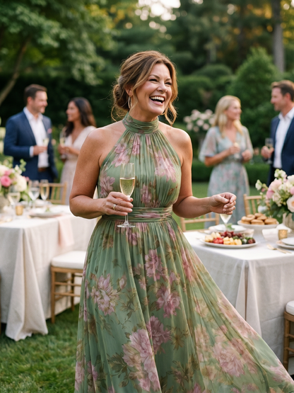 Maureen | Sage Rose Print Midi Dress