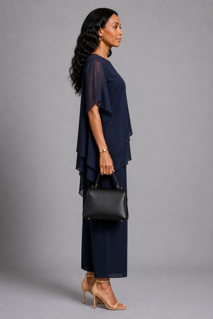 Georgia | Navy Chiffon-Layer Trouser Set