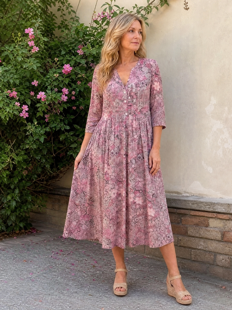 Janet | Beige Ditsy Floral Midi Dress