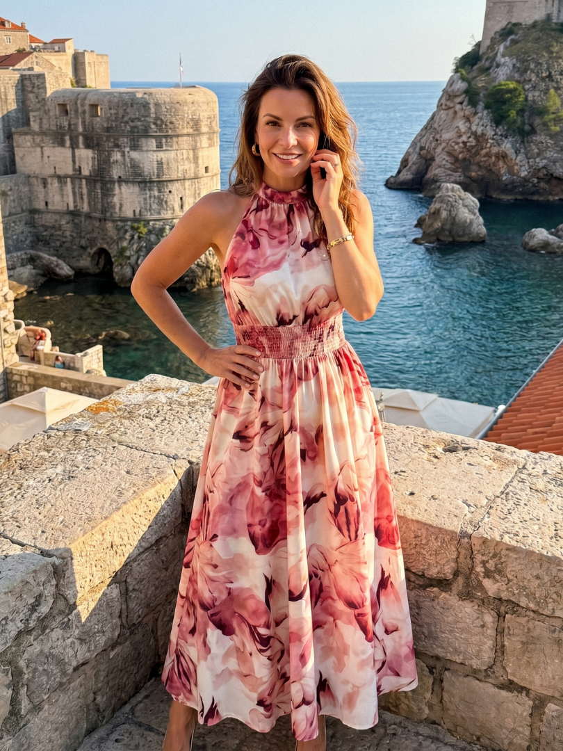 Carol | Olive Watercolour Print Midi Dress