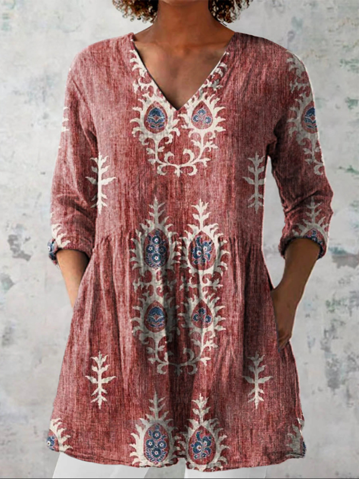 Elsie | Olive Folk Floral V-Neck Tunic Top