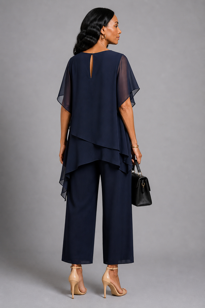 Georgia | Navy Chiffon-Layer Trouser Set