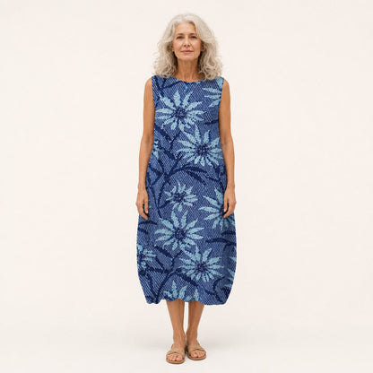 Olwen | Blue Floral Print Sleeveless Midi Dress