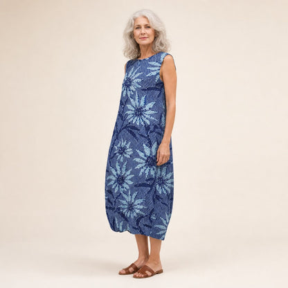 Olwen | Blue Floral Print Sleeveless Midi Dress