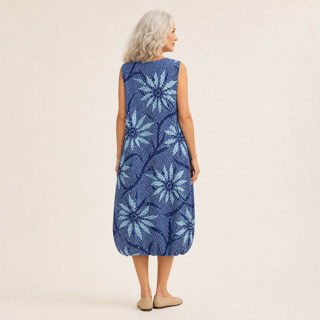 Olwen | Blue Floral Print Sleeveless Midi Dress