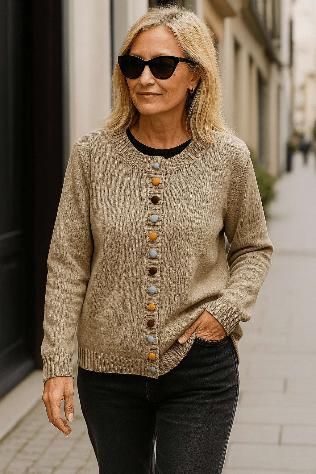Agnes | Beige Cardigan with Colourful Buttons