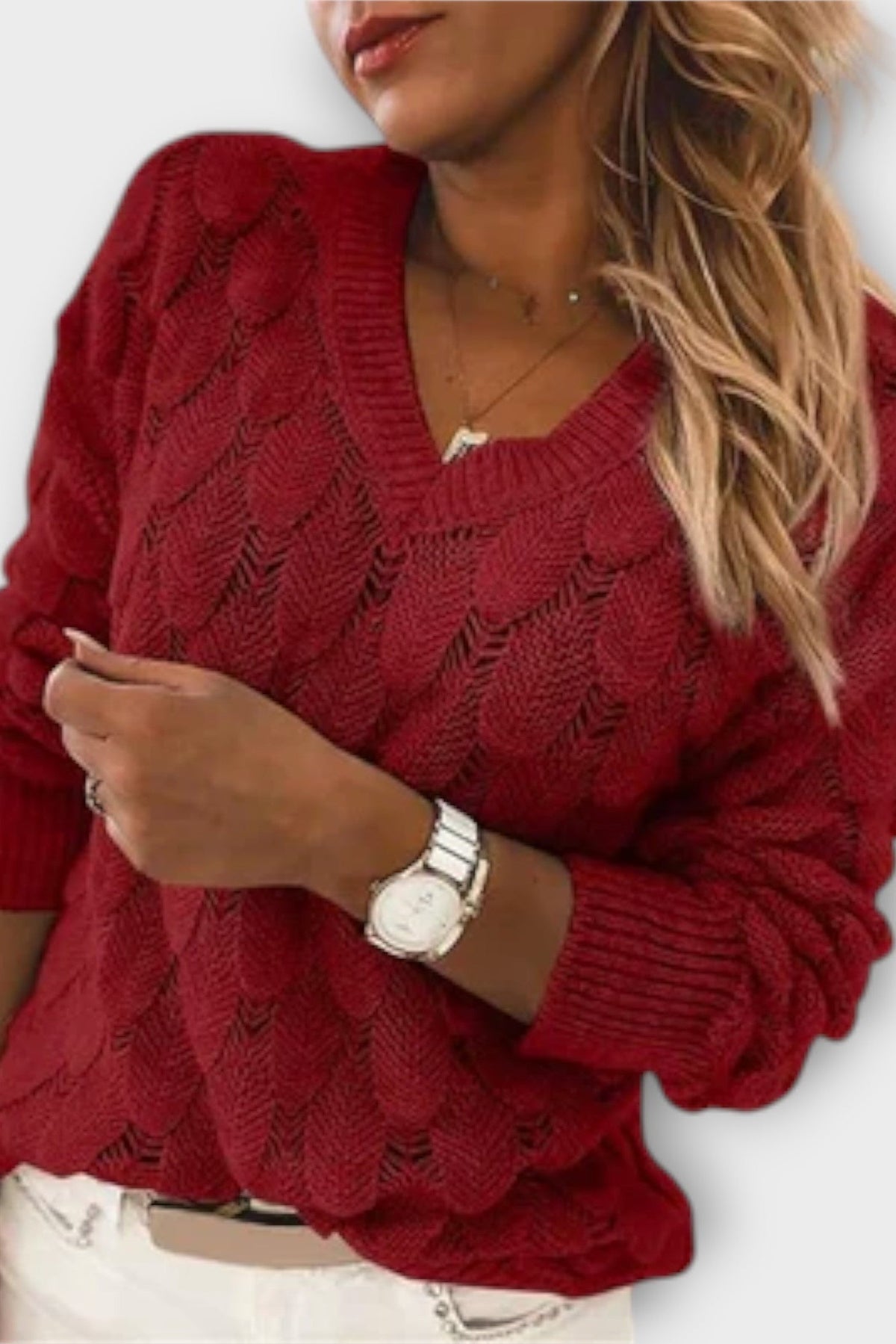 Agnes | Grey Cable-Knit V-Neck Jumper