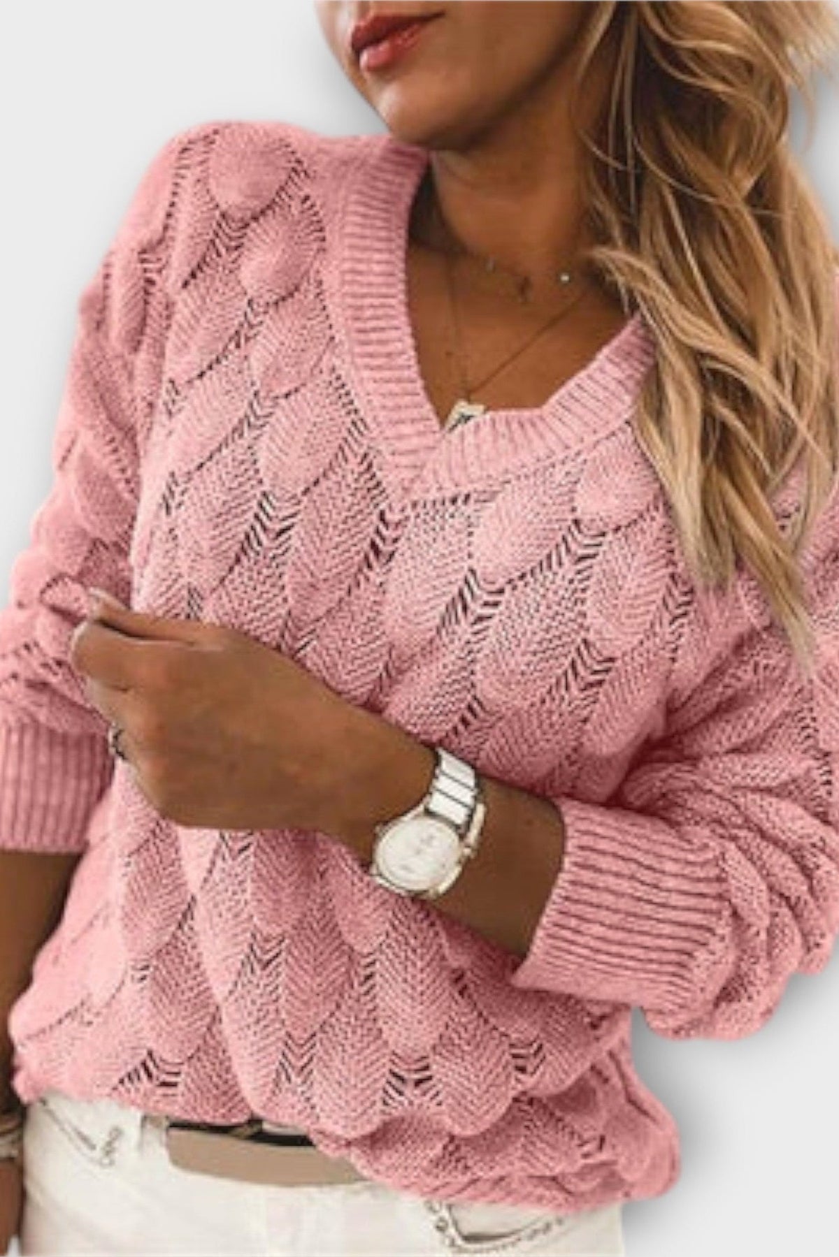 Agnes | Grey Cable-Knit V-Neck Jumper