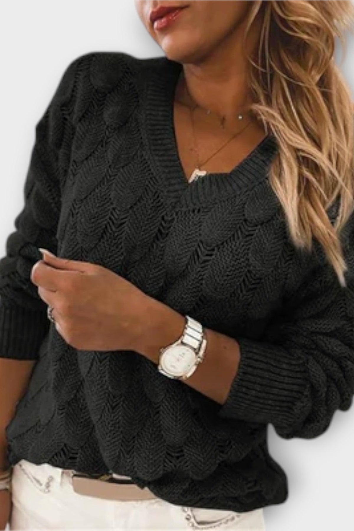 Agnes | Grey Cable-Knit V-Neck Jumper