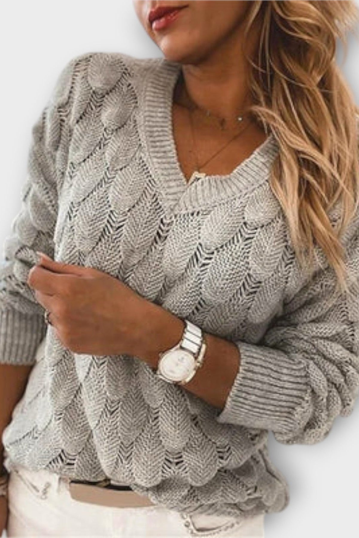 Agnes | Grey Cable-Knit V-Neck Jumper