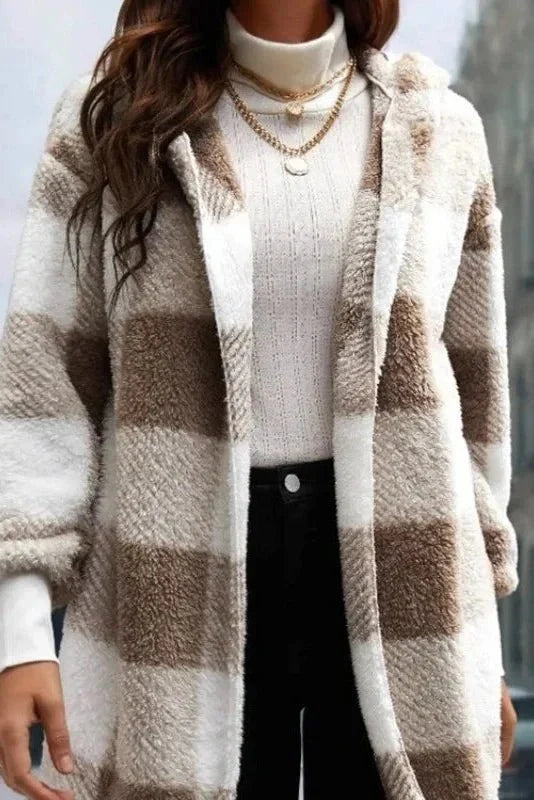Roberta | Neutral Check Hooded Coat