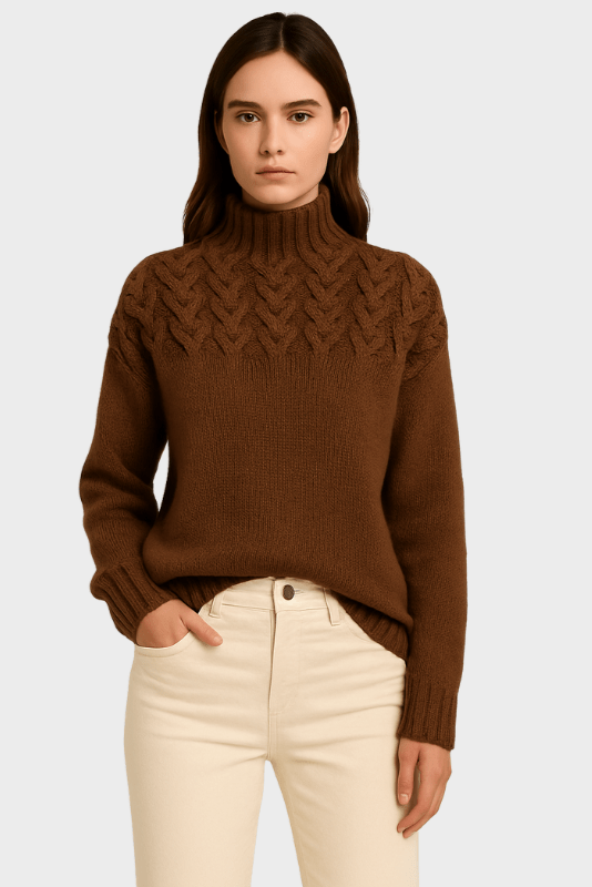 Alma | Brown Cable-Yoke Roll-Neck Jumper