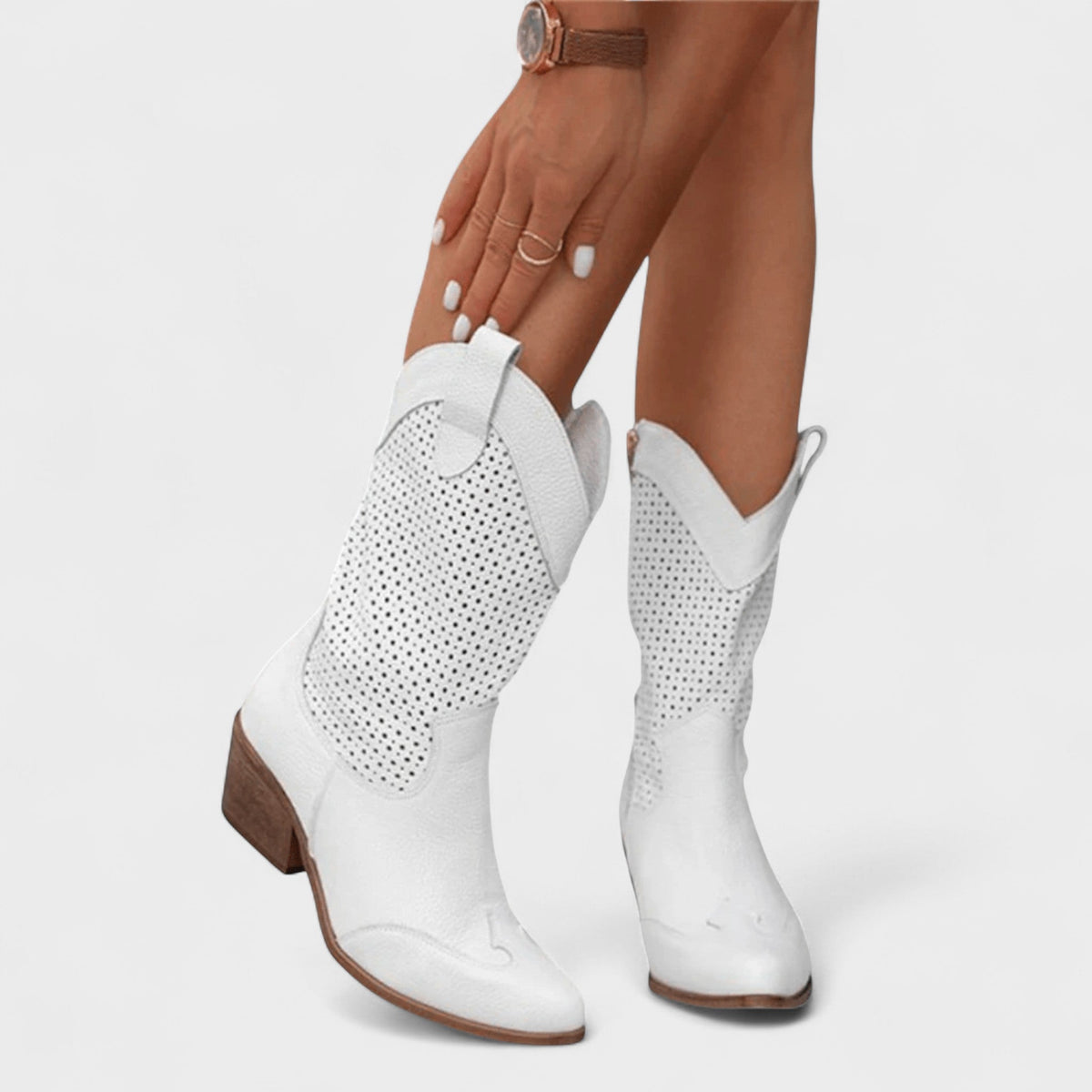 Anna | Beige Perforated Western Boots
