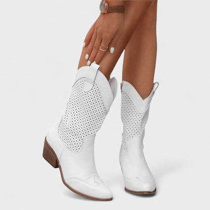 Anna | Beige Perforated Western Boots