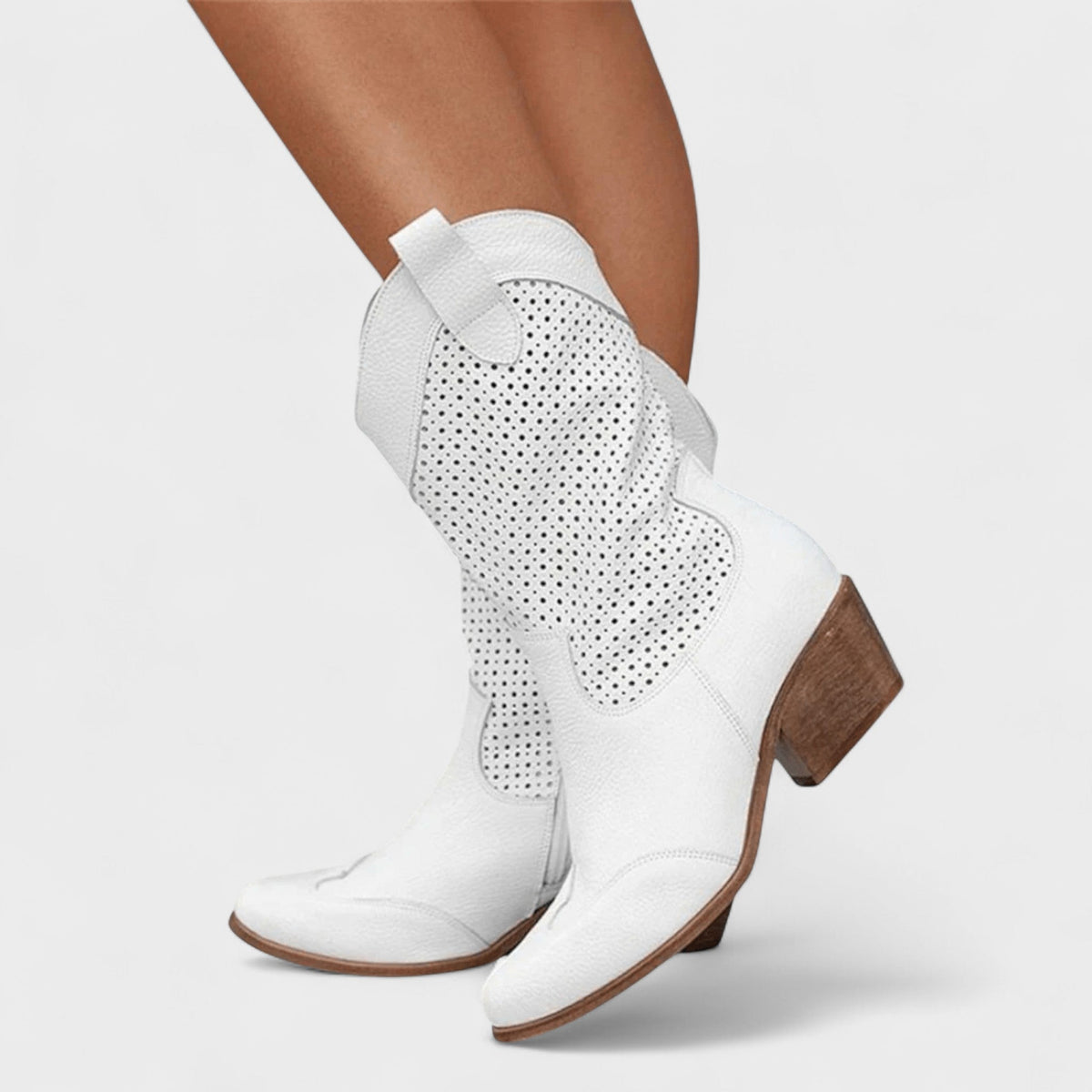 Anna | Beige Perforated Western Boots