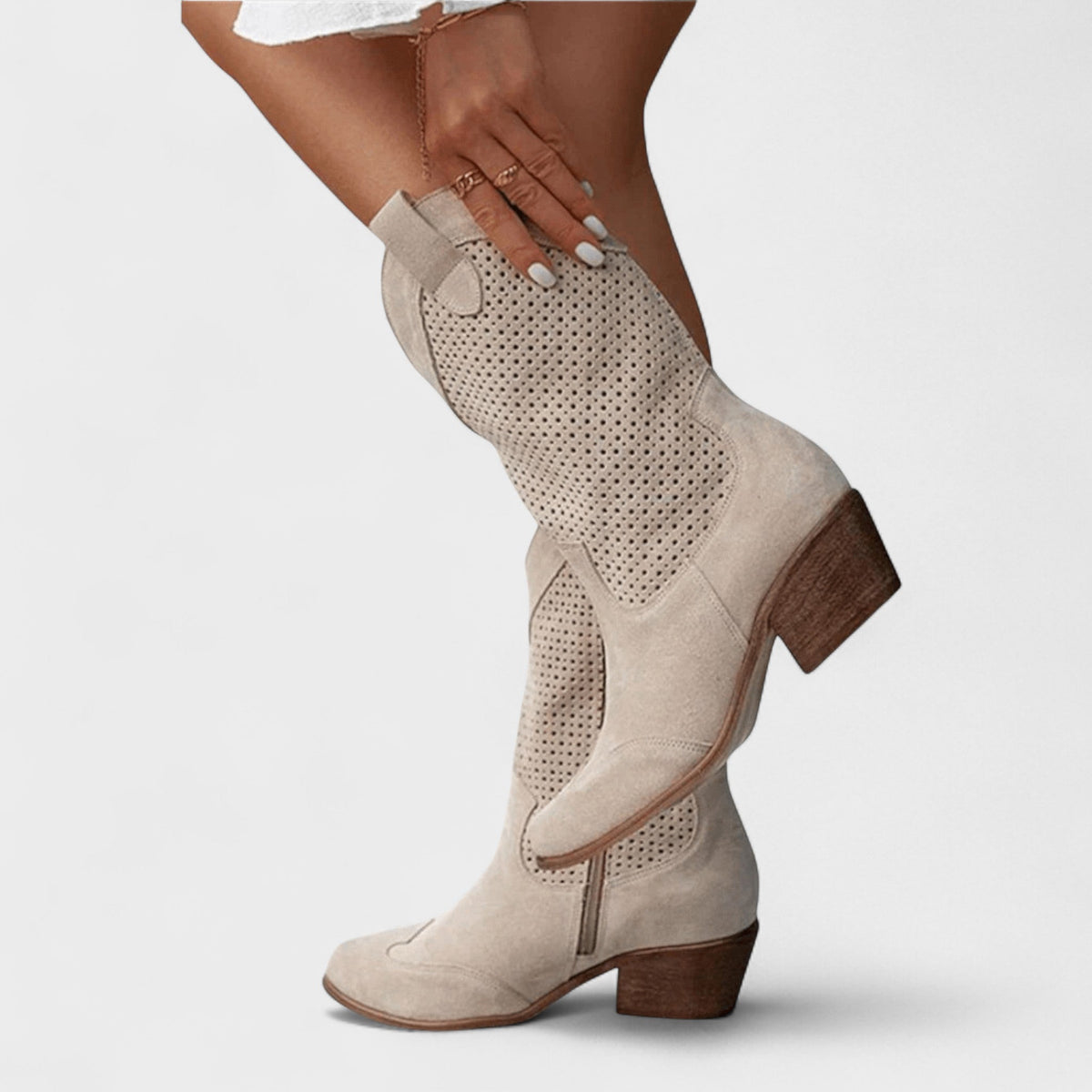 Anna | Beige Perforated Western Boots