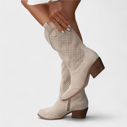 Anna | Beige Perforated Western Boots
