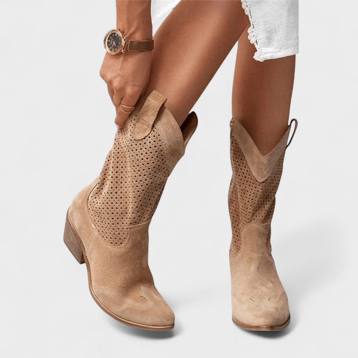 Anna | Beige Perforated Western Boots