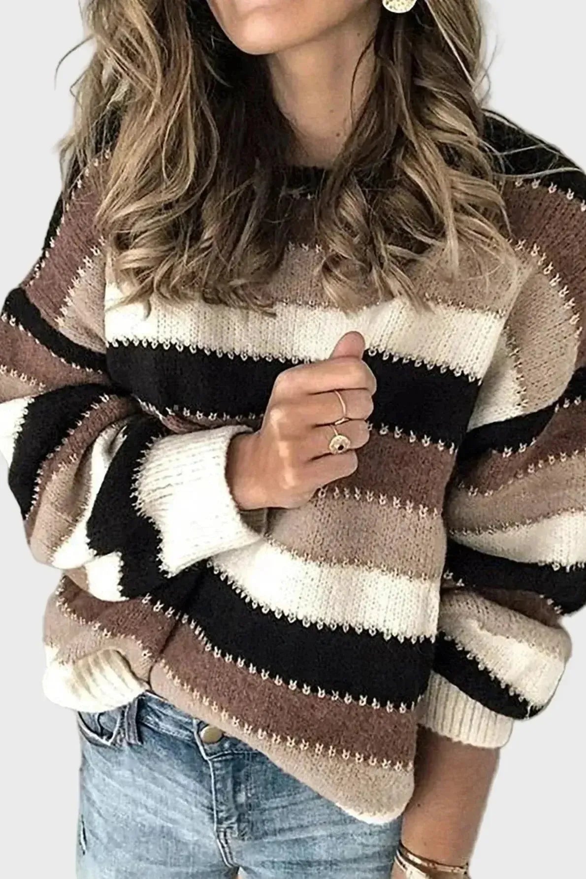 Anna | Neutral Striped Roll-Neck Jumper