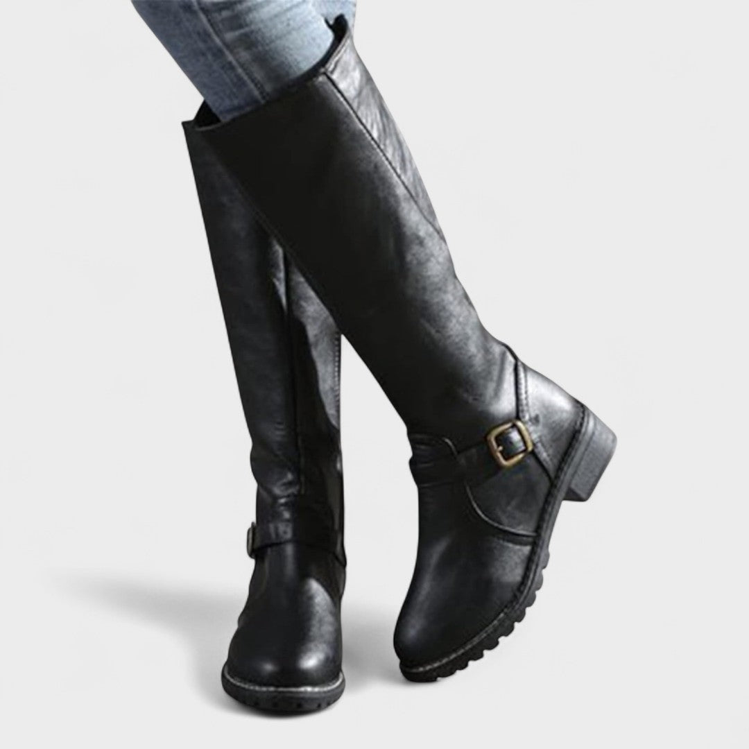 Esther | Tan Buckle Knee-High Boots