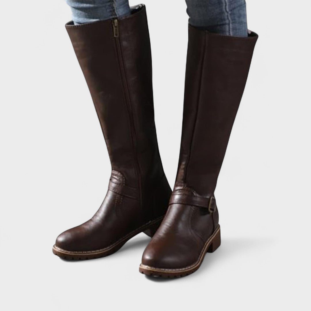 Esther | Tan Buckle Knee-High Boots