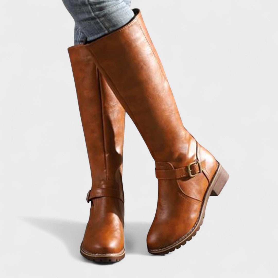Esther | Tan Buckle Knee-High Boots