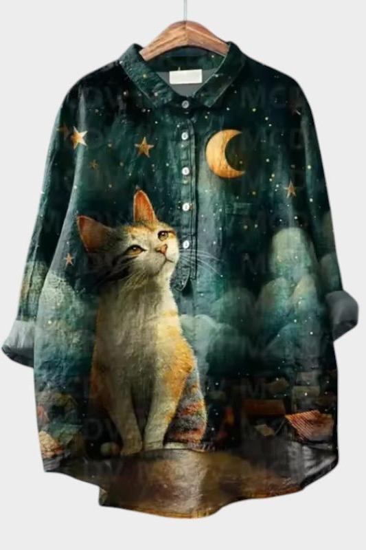 Alexandra | Midnight Cat Print Shirt